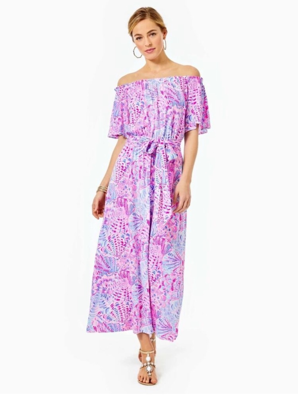 Lilly Pulitzer Moriah Off the Shoulder Maxi Dress Sea You Soon Raz Berry Pink XS